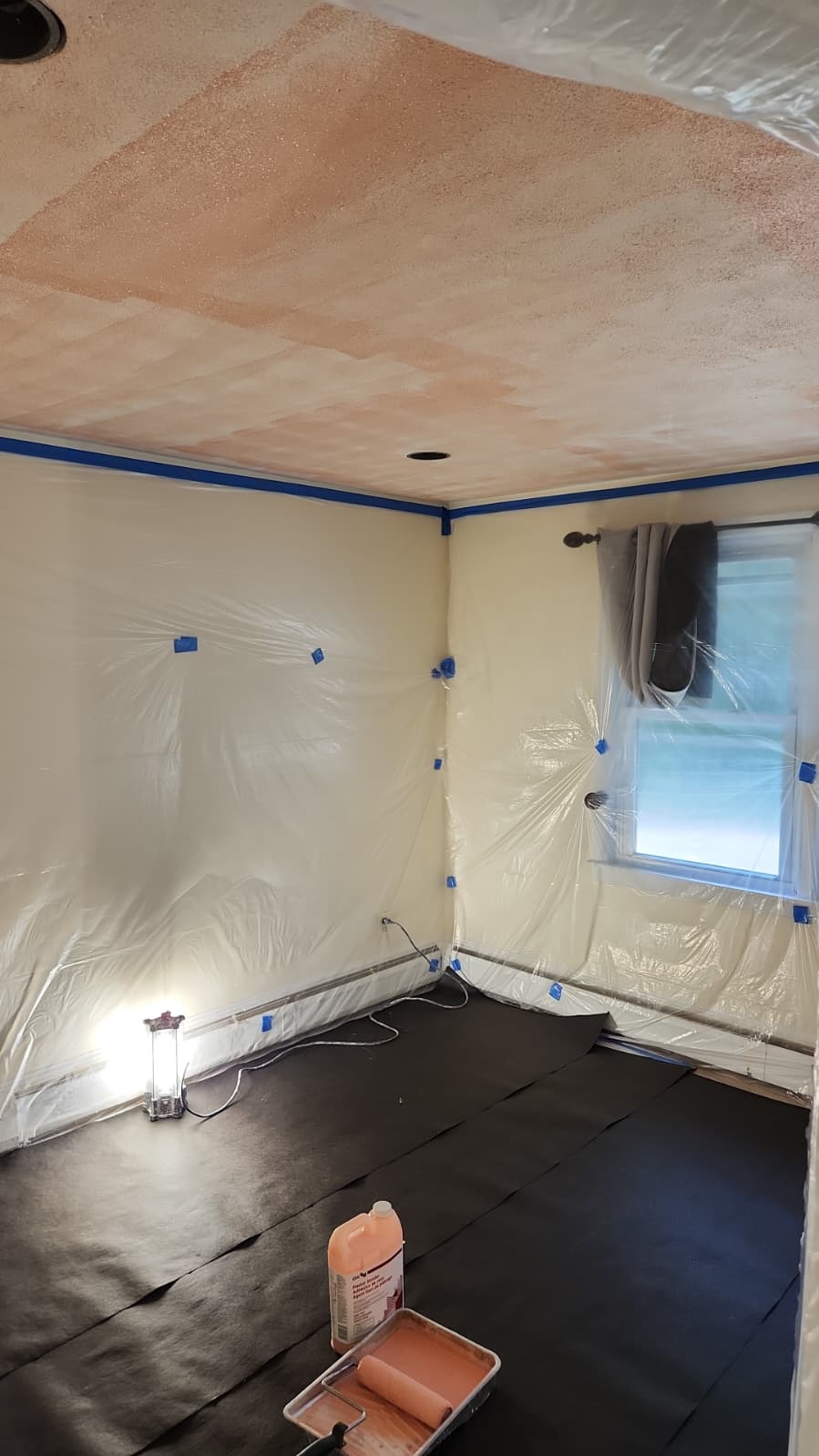 Ceiling surface preparation with floor and wall protection